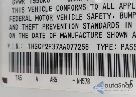 2010 Honda Accord 2.4 Lx из США, поврежденный, VIN 1HGCP2F37AA077256